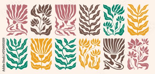 Trendy minimal flower leaves Matisse style posters. Contemporary floral template. Plants posters for interior decoration, banner, cover, postcard.