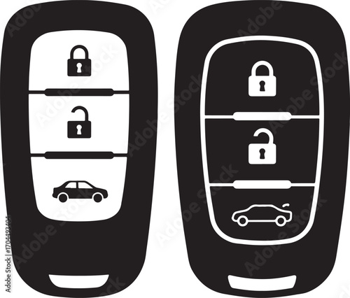 Two car key fobs with lock unlock and car icons silhouette