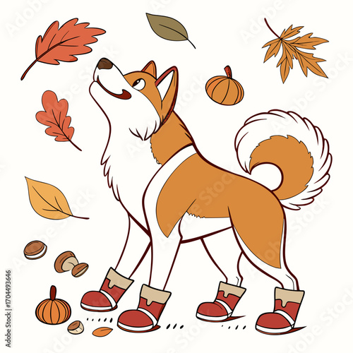 Cute SVG of a Excited Akita in Autumn Leaves colors, featuring wearing bunny slippers in a Autumn setting