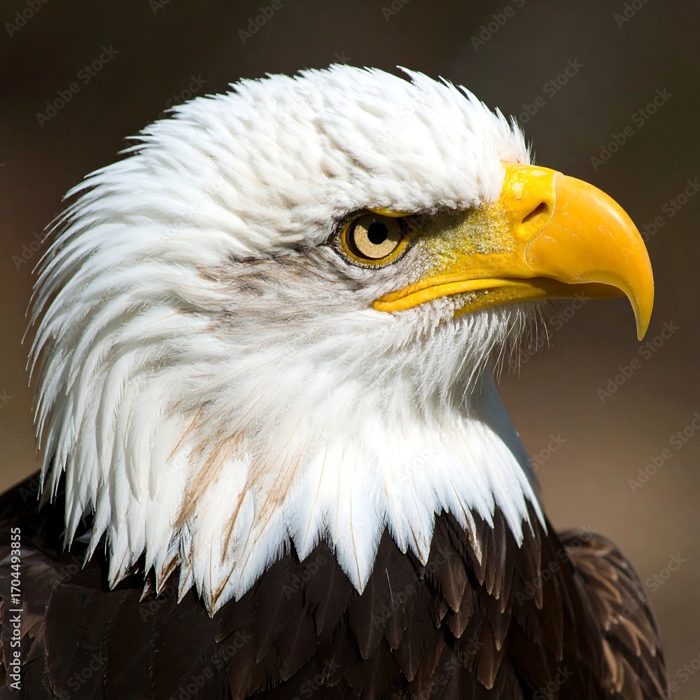 Obraz premium Close-up profile of an eagle, white head and chest, dark brown body, sharp yellow beak