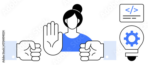 Woman raising one hand in a stopping gesture to mediate a conflict between fists, joined by symbols of coding and innovation. Ideal for teamwork, conflict resolution, technology, leadership