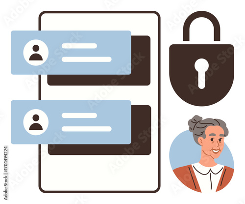 User profile data displayed on interface with secure padlock and person avatar image. Ideal for cybersecurity, privacy, online access, profile management, authentication, digital identity, user