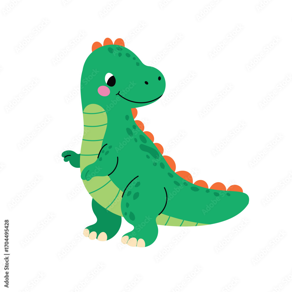 Fototapeta premium Cute green dinosaur standing with smile. Funny prehistoric reptile character for kids. Flat vector illustration isolated on white background.
