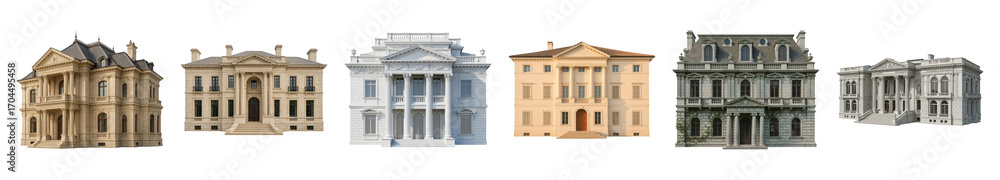 Fototapeta premium Ornate classical building set including varied historical and grand architectural designs isolated. Mansion and estate collection.