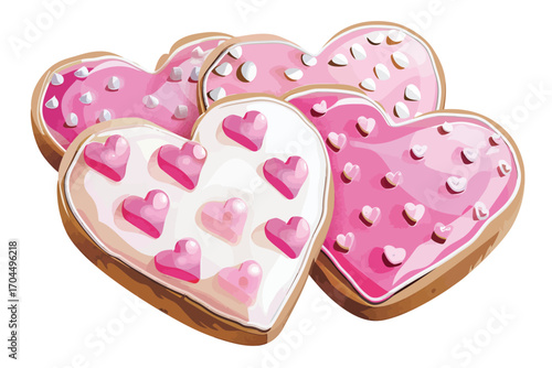cookies with pink and white icing heart shaped isolated illustration