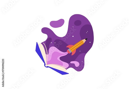 Creative illustration of an open book with purple abstract shapes and a rocket-shaped pencil symbolizing imagination, learning, and creativity. Perfect concept for education, writing