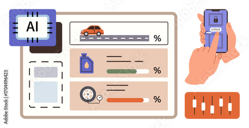 Car dashboard showing AI-powered mileage, oil, and tire analytics. Smartphone unlocking feature and control interface included. Ideal for technology, automation, efficiency, car maintenance