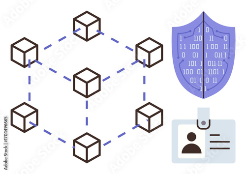 Blockchain cubes connected by dotted lines, shield with binary code for cybersecurity, ID badge for identity verification. Ideal for blockchain, security, identity, network, encryption, digital data