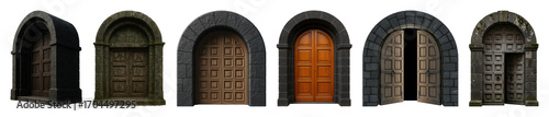 Medieval arched door set including stone-framed, wooden, ornate, weathered, and open variants isolated. Architectural design and fantasy game elements.
