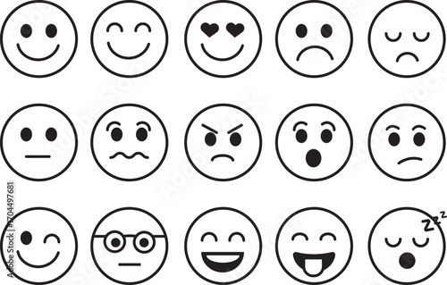 Minimalist outline emoji Icons. Black and white facial expressions pack