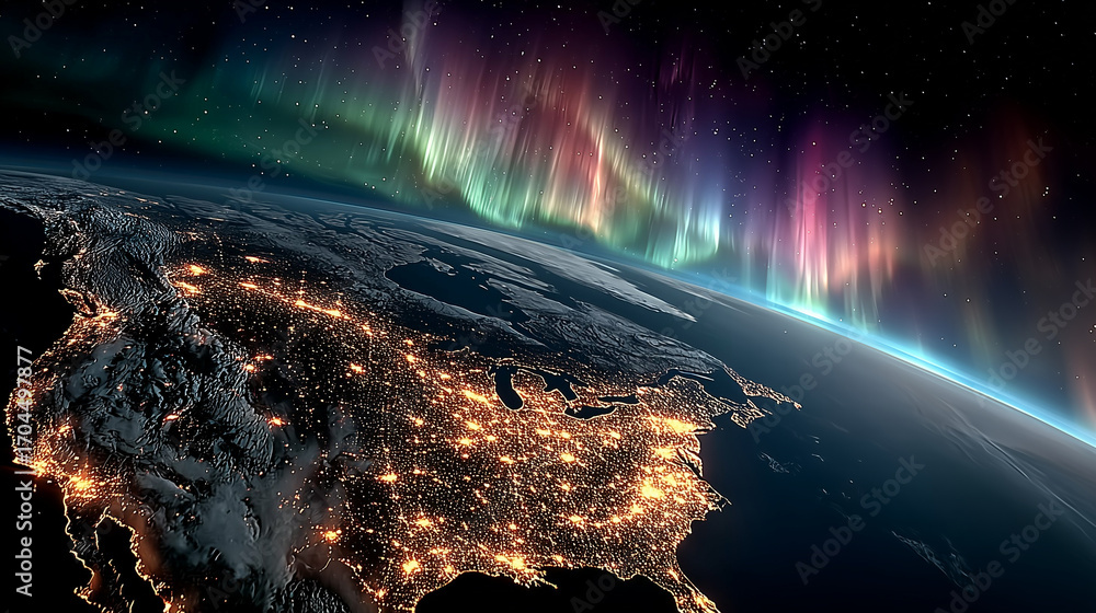 Naklejka premium Earth From Space With Aurora Borealis Over North America Glowing City Lights