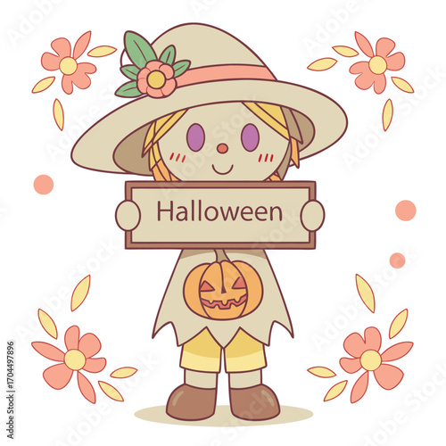 Cartoon scarecrow character holding a Halloween sign with a pumpkin on its shirt cheerfully