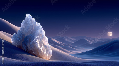 Fototapeta Naklejka Na Ścianę i Meble -  Crystal Rock on Sand Dunes Under Moonlight Desert Landscape