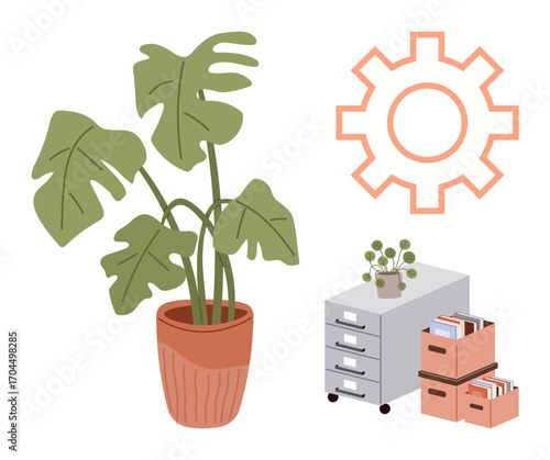 Large green potted plant, filing cabinet with files and storage boxes, small desk plant, abstract gear. Ideal for organization, productivity, workflow, office planning creativity balance. Simple