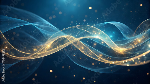 An ethereal abstract design featuring swirling ribbons of deep ocean blue and radiant gold light, flowing together in a fluid, cosmic dance