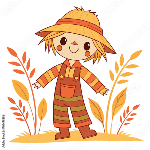 Cartoon scarecrow standing among autumn leaves wears a hat and colorful overalls on white