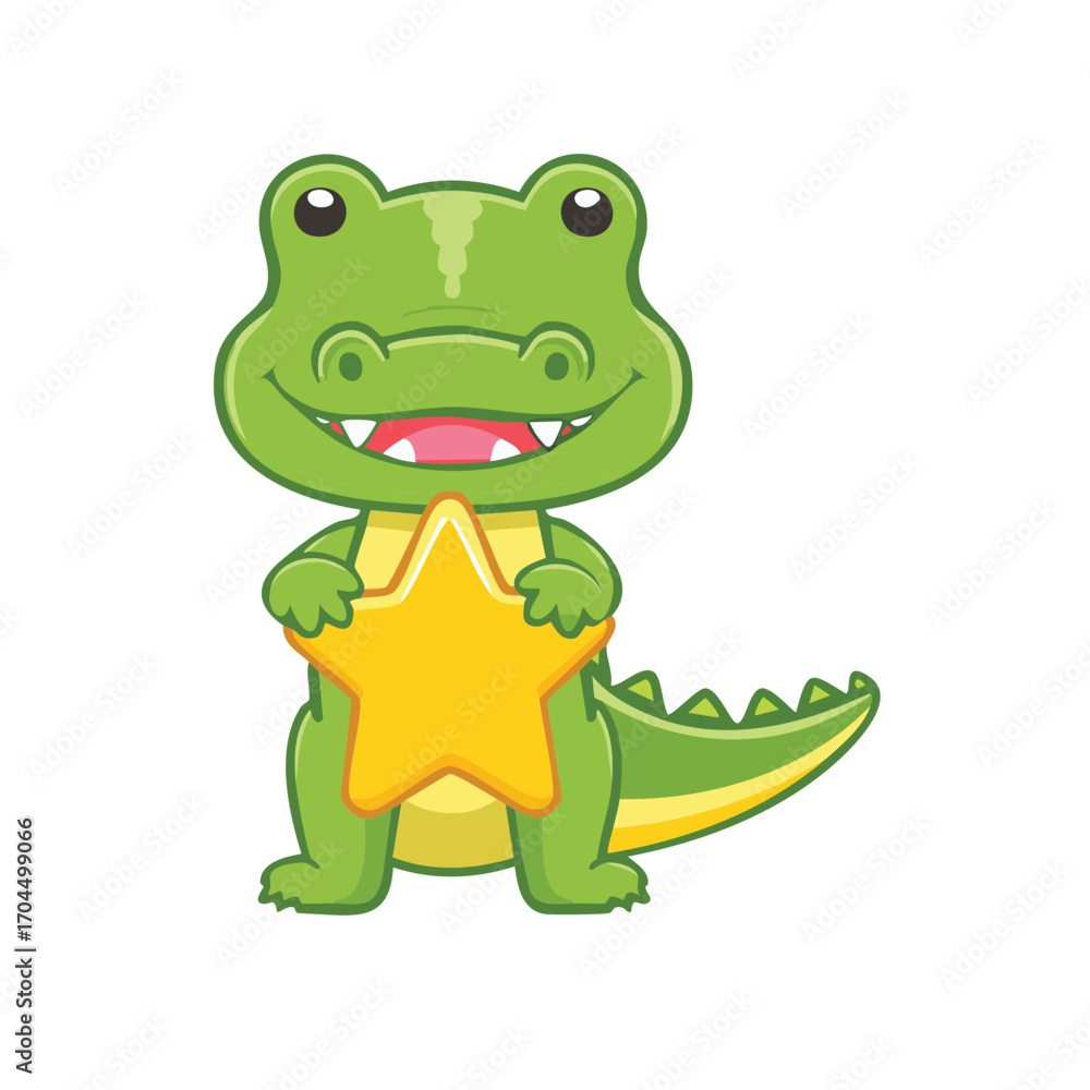 Fototapeta premium A friendly cartoon alligator holding a golden star, smiling and inviting. This charming illustration captures joy and appreciation
