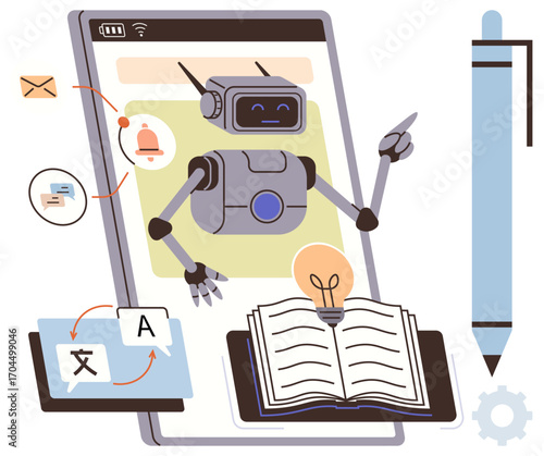 Robot navigating language translation, managing notifications, and aiding study with an open book, lightbulb, and digital tools. Ideal for education, AI innovation, communication, tech automation