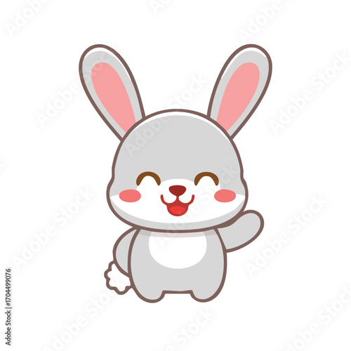 A charming cartoon illustration of a cute, smiling bunny waving hello. The bunny features soft gray fur, a pink inner ear, and a fluffy white tail, radiating happiness.