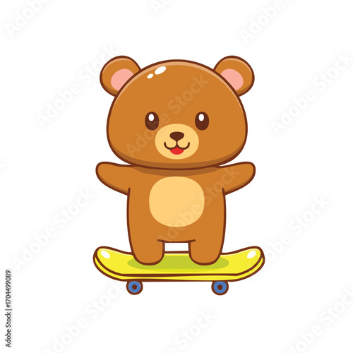 Cute cartoon bear riding a skateboard, joyfully playing in a playful scene