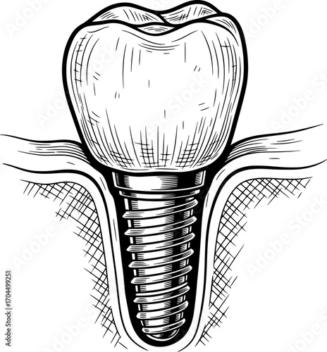 Tooth implant screw icon with hand-drawn style