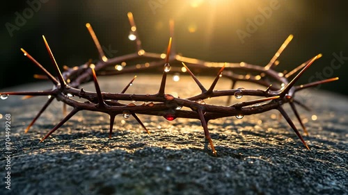 Crown of thorns with glistening water drops on stone, bathed in sunlight. Easter concept. Religious symbolism footage.