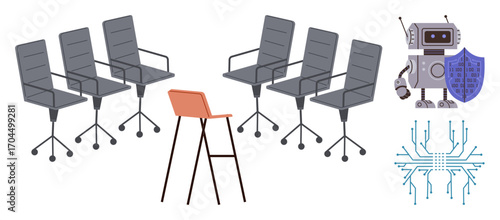 Robot holding shield stands near group of chairs, with circuit symbol at a distance. Ideal for technology, cybersecurity, innovation, robotics, digital protection, decision-making, futuristic