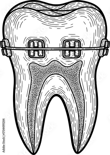 Tooth with braces icon with hand-drawn style