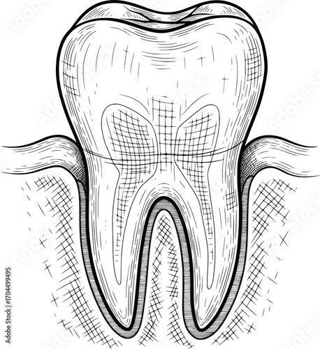 Tooth with gum line icon with hand-drawn style