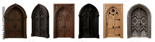 Gothic arch doors set including various wooden, dark, light, carved, and weathered designs isolated. Architectural and fantasy elements.