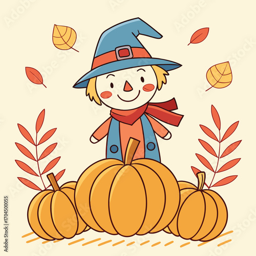 Cartoon scarecrow with pumpkins in autumn seasonal setting cheerfully showcases the fall harvest