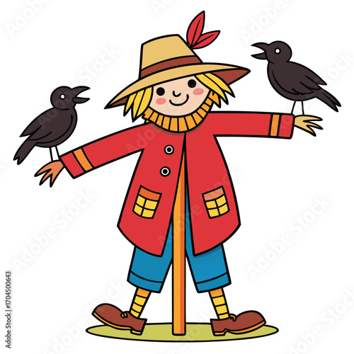 Cheerful cartoon scarecrow wearing hat poses with crow perched on each outstretched arm