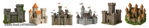 Medieval fantasy castle set including diverse designs, battlements, turrets, and flags isolated. Gaming and historical themes collection.