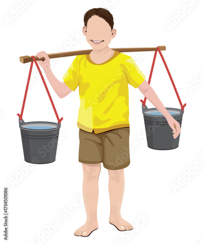 A young boy carrying a bucket of water on a shoulder pole,cartoon shape vector design