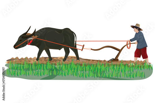 farmer plowing in paddy field vector design