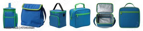 Blue and green insulated lunch bag set including cooler, backpack, and open versions isolated. Food storage and travel collection.
