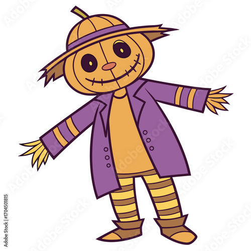 Cheerful scarecrow with pumpkin head wears a purple coat on transparent background