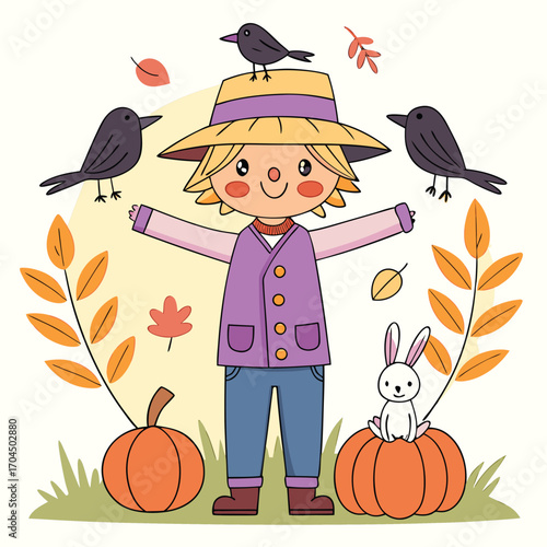 Happy scarecrow surrounded by crows and a rabbit sits on a pumpkin field