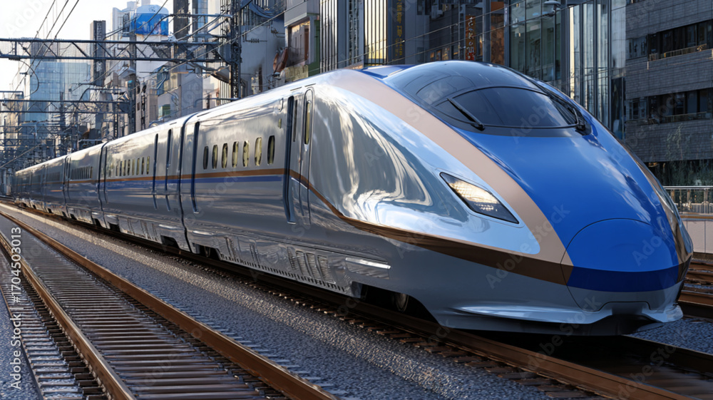 Naklejka premium A futuristic train with a reflective blue and gold design, is moving at a fast pace as it passes a modern city with tall skyscrapers.