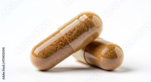 Traditional Indian ayurvedic herbal powder medicine capsule, known in India with various name Sarpagandha, Ashwagandha, shatavari, triphla, harde, amla powder, white background, copy space