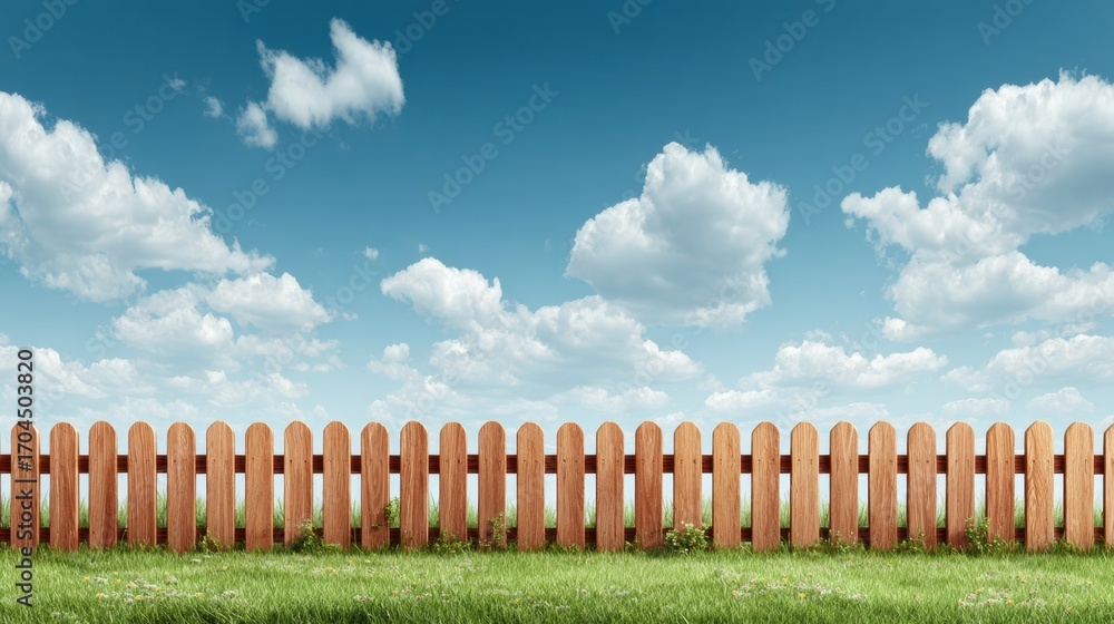 Obraz premium Bright and Sunny Day With a Wooden Fence in a Lush Green Field Under a Clear Blue Sky With Fluffy Clouds