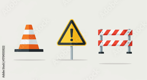 Traffic safety cone and construction barrier with warning sign for road work ahead and caution area sign vector