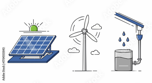 Explore renewable energy sources: solar panels, wind turbines, and rainwater harvesting systems design vector