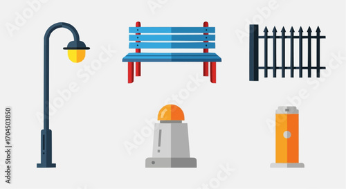 Illustration of park elements including street lamp bench fence bollard and trash can vector design asset vector
