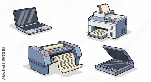Isometric office equipment set featuring laptop printer plotter and scanner for business and technology use vector