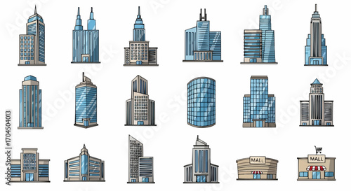 Cartoon skyline illustration of city buildings skyscrapers malls and shopping centers architecture design vector