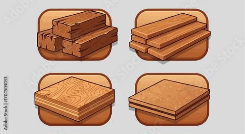 Illustrations of different types of wood planks lumber timber plywood for construction and woodworking use vector