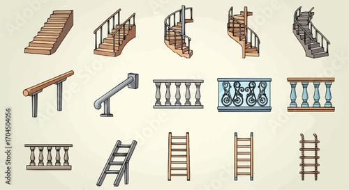 Explore different types of stairs handrails and ladders for home construction and architectural design ideas vector