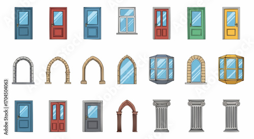 Collection of door styles window designs and architectural arch and column elements for building design vector