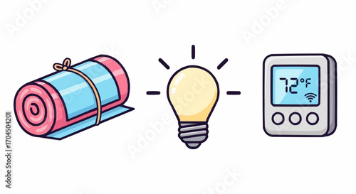 Illustration of rolled mat, light bulb, and thermostat for energy efficiency and comfort concept design vector